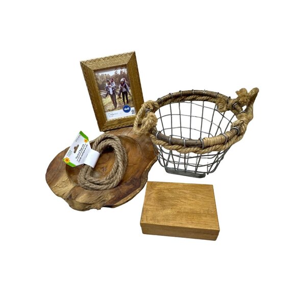 Rustic Home Décor Bundle: Rope & Wire Basket Wooden Picture Frame Natural Wood T - Picture 1 of 4